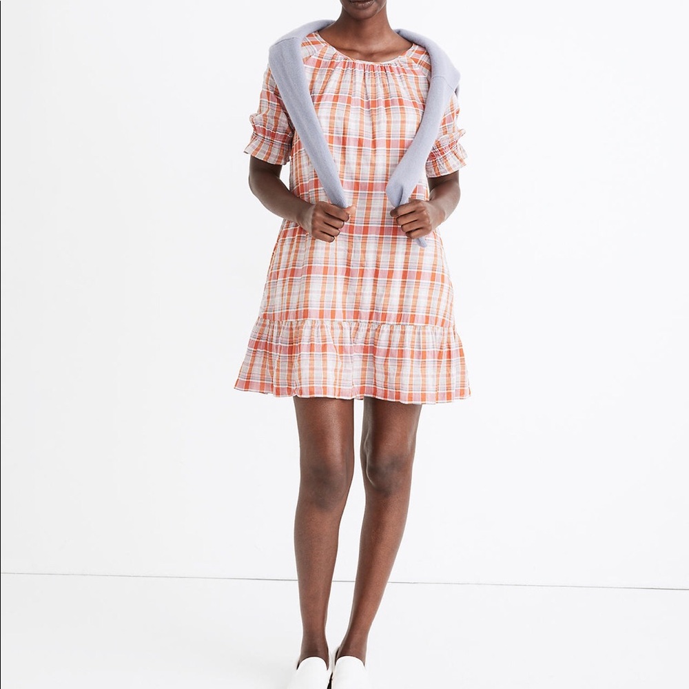 MADEWELL Plaid‎ Ruffle-Sleeve Popover Mini Dress